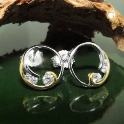 Paar kleine Ohrstecker Kreise mit Spiralen & Zirkonia 9mm 925 Silber bicolor