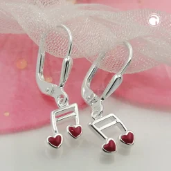 Paar Ohrhänger Ohrringe 24x7mm Musiknote Doppelnoten mit Herz rot 925 Silber
