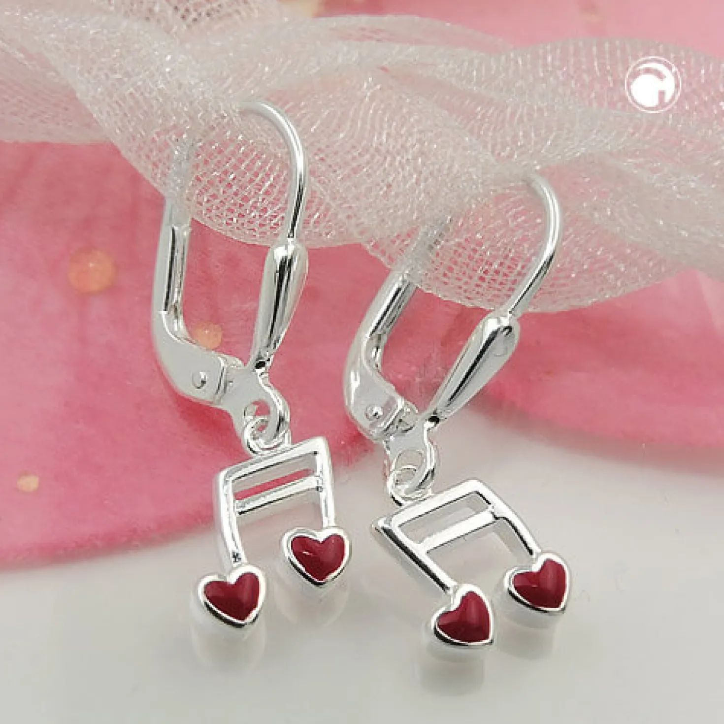 Paar Ohrhänger Ohrringe 24x7mm Musiknote Doppelnoten mit Herz rot 925 Silber