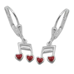 Paar Ohrhänger Ohrringe 24x7mm Musiknote Doppelnoten mit Herz rot 925 Silber