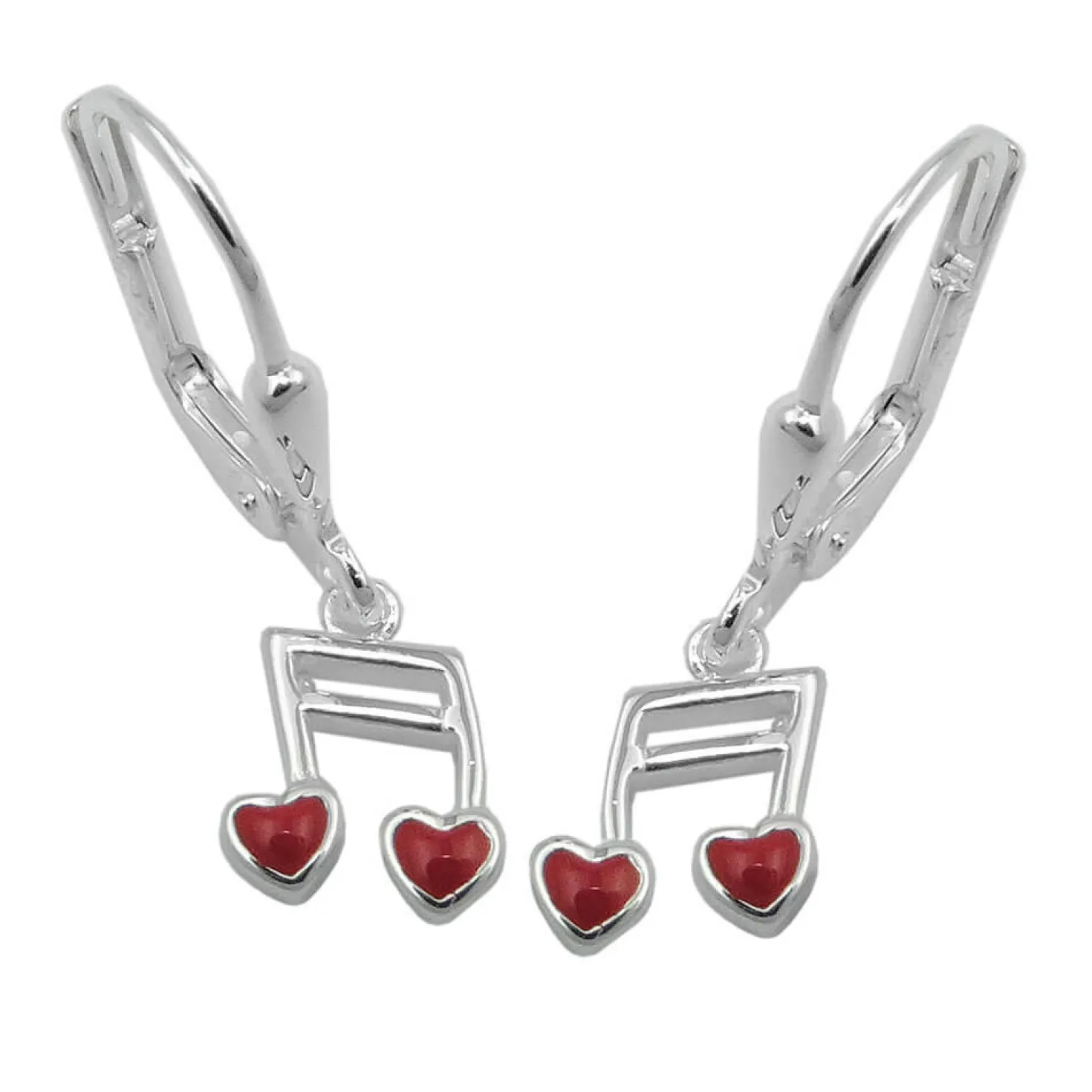 Paar Ohrhänger Ohrringe 24x7mm Musiknote Doppelnoten mit Herz rot 925 Silber