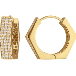 Paar Ohrringe Creolen mit Zirkonia sechskant aus 585 Gold Gelbgold 15,5x4,3mm