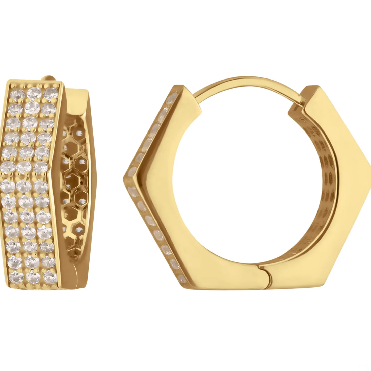 Paar Ohrringe Creolen mit Zirkonia sechskant aus 585 Gold Gelbgold 15,5x4,3mm