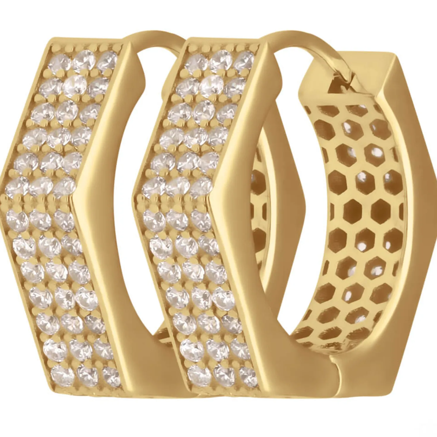 Paar Ohrringe Creolen mit Zirkonia sechskant aus 585 Gold Gelbgold 15,5x4,3mm