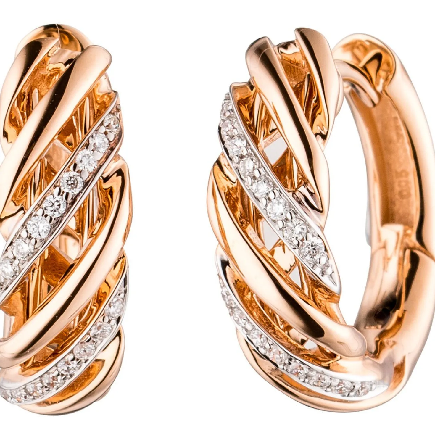 Paar Ohrringe Creolen 15mm mit 32 Diamanten 0.1Ct 585 Gold Rotgold