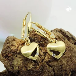 Paar Ohrringe Ohrhänger Herzen 21x7mm matt-glänzend Zirkonia 375 Gold Gelbgold