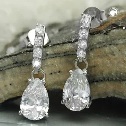 Paar Ohrringe Ohrhänger 21x6mm mit Stecker Zirkonia Tropfen weiß 925 Silber