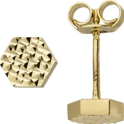 Paar Ohrringe Ohrstecker Hexagon Sechseck aus 333 Gold Gelbgold mit Struktur