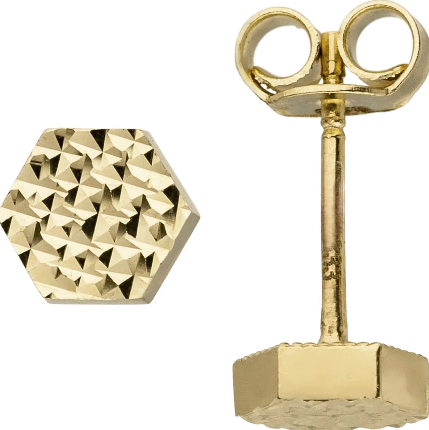 Paar Ohrringe Ohrstecker Hexagon Sechseck aus 333 Gold Gelbgold mit Struktur