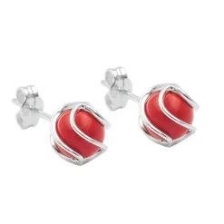 Paar Ohrstecker aufgearbeitete Koralle 7mm rot matt umwickelt 925 Silber