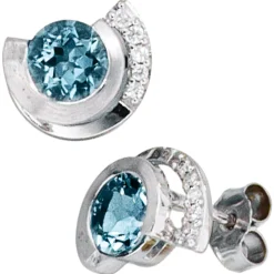 Paar Ohrstecker aus Aquamarin & Brillanten 0.094Ct W/SI 585 Gold Weißgold Damen