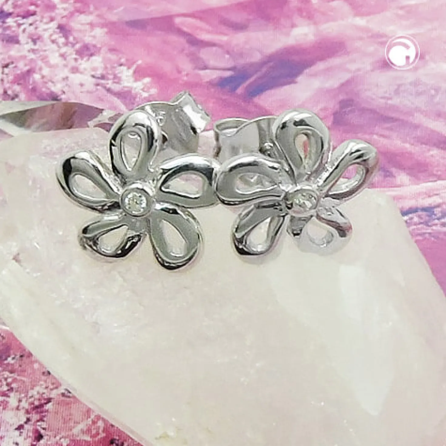 Paar Ohrstecker Blume 9mm mit Zirkonia weiß aus 925 Silber rhodiniert Kinder