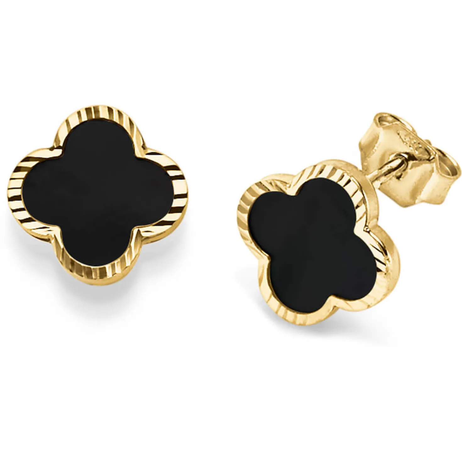 Paar Ohrstecker Kleeblatt Blumen 10,5mm Onyx schwarz 585 Gold Gelbgold schlicht