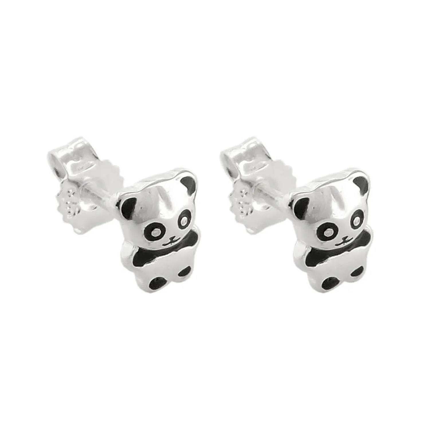 Paar Ohrstecker kleiner Pandabär 6x5mm glänzend schwarz lackiert 925 Silber Kinder