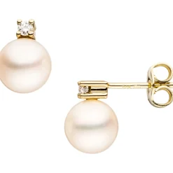 Paar Ohrstecker mit Perlen & Diamanten 0.1Ct W/SI Brillanten 585 Gold Gelbgold