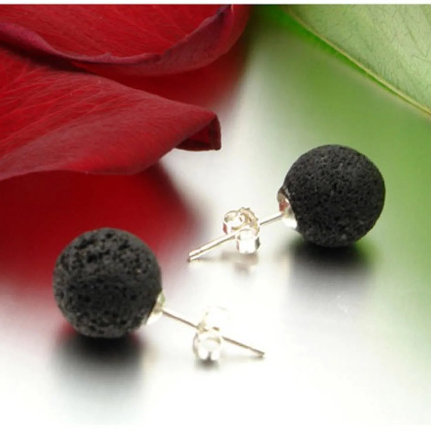 Paar Ohrstecker Stecker aus echter Lava & 925er Silber, 10mm, schwarz, Unisex