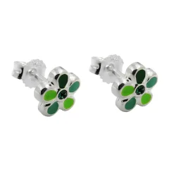 Paar Ohrstecker Stecker, Blümchen schwarz grün lackiert, 925 Silber, Kinder