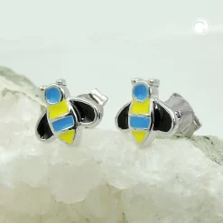 Paar Ohrstecker 8x8mm Bienen blau-gelb-schwarz emailliert 925 Silber