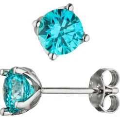 Paar Solitär Ohrstecker mit Zirkonia türkis hellblau blau, 925 Silber Ohrringe