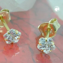 Paar solitär Ohrstecker 4mm Zirkonia in Blumenform aus 9Kt 375 Gold Gelbgold