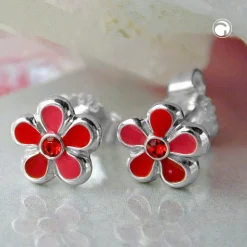 Paar Stecker Ohrstecker Blume Blumen rot lackiert, 925 Silber, Kinder