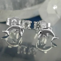 Paar Stecker Ohrstecker, Delfin Delfine, mit Zirkonia, 925 Echt Silber