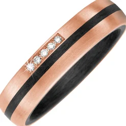 Partner-Ring mit 5 Brillanten 0.05Ct W/SI aus Carbon & 585 Gold Rotgold mattiert