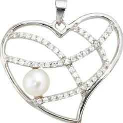 Perlenanhänger Anhänger 27,3x24mm Herz Perle & Zirkonia 925 Echt Silber Damen