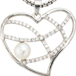 Perlenanhänger Anhänger 27,3x24mm Herz Perle & Zirkonia 925 Echt Silber Damen