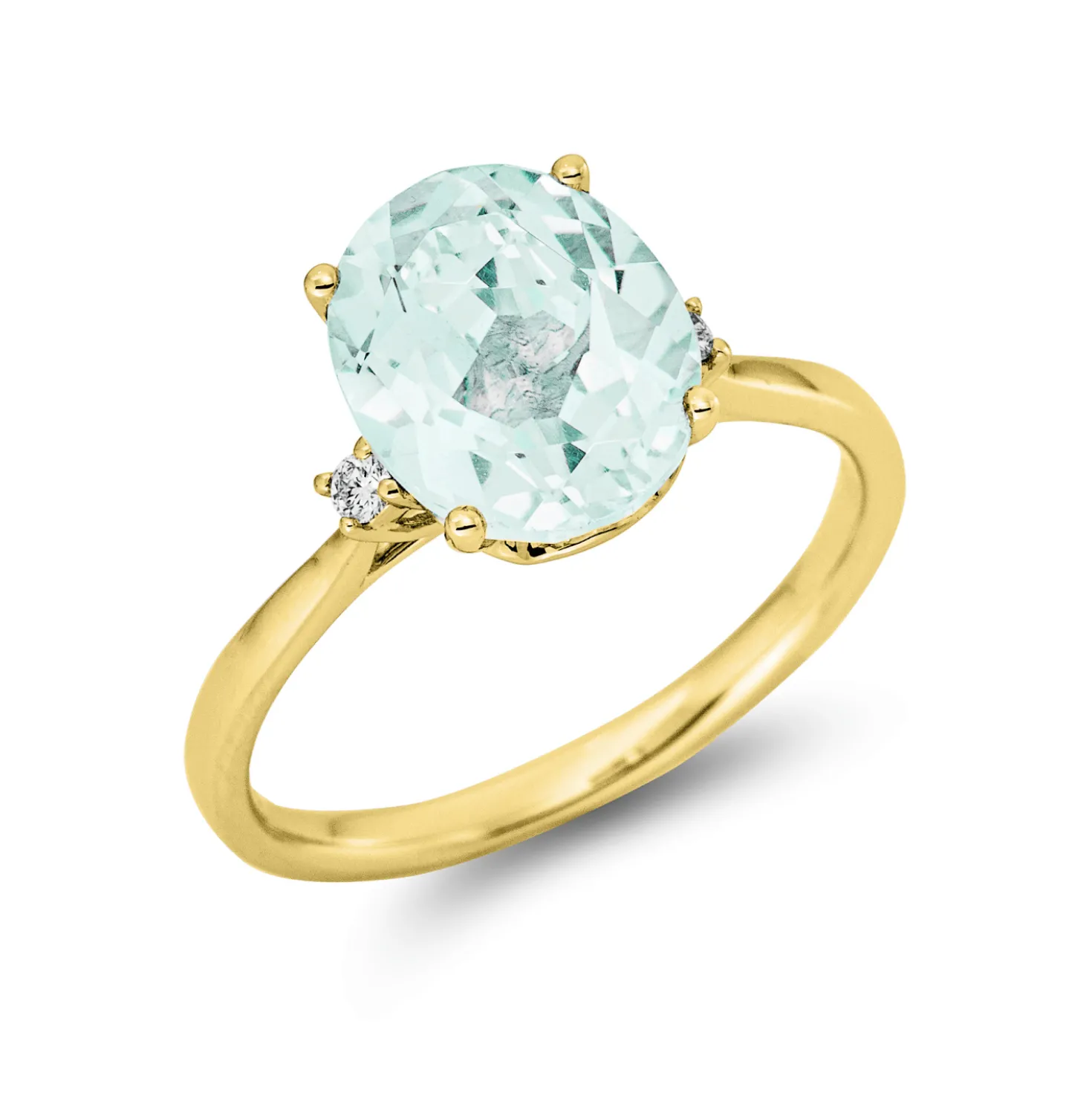 Ring aus 750 Gelbgold Amethyst 2,52ct grün 2 Brillanten 0,04ct TW-SI B:10,3mm