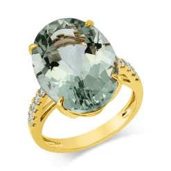 Ring aus 750 Gelbgold Amethyst 12,1ct grün 10 Brillanten 0,2ct TW-SI B:18mm
