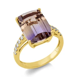 Ring aus 750 Gelbgold Ametrin 6,7ct gelb-lila 10 Brillanten 0,24ct TW-SI B:14mm