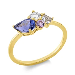 Ring aus 750 Gelbgold 3 Aquamarine 0,93ct blau Brillant 0,19ct TW-SI B:8,6mm