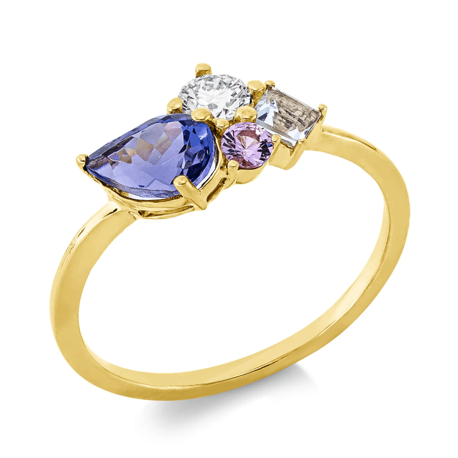 Ring aus 750 Gelbgold 3 Aquamarine 0,93ct blau Brillant 0,19ct TW-SI B:8,6mm