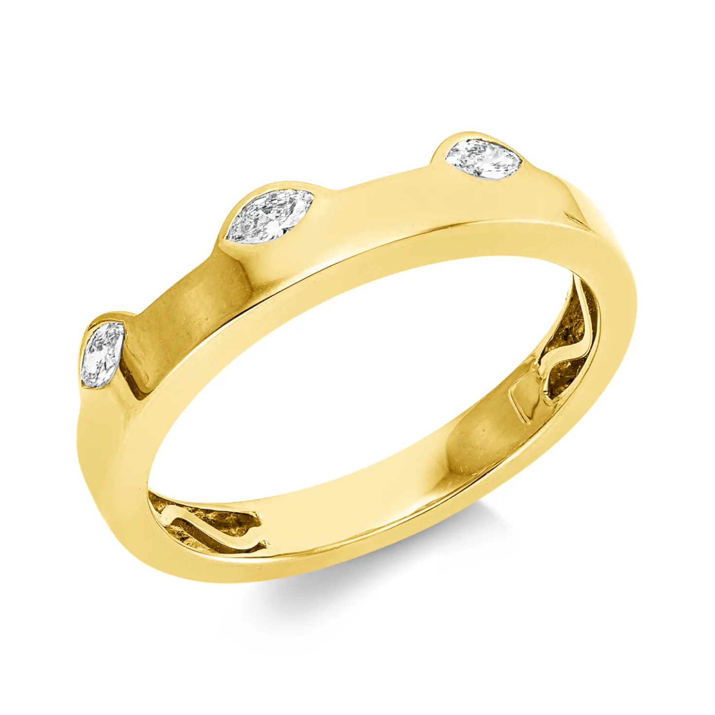 Ring aus 750 Gelbgold 3 Diamanten Navette-Schliff 0,14ct TW-VSI B:4,2mm