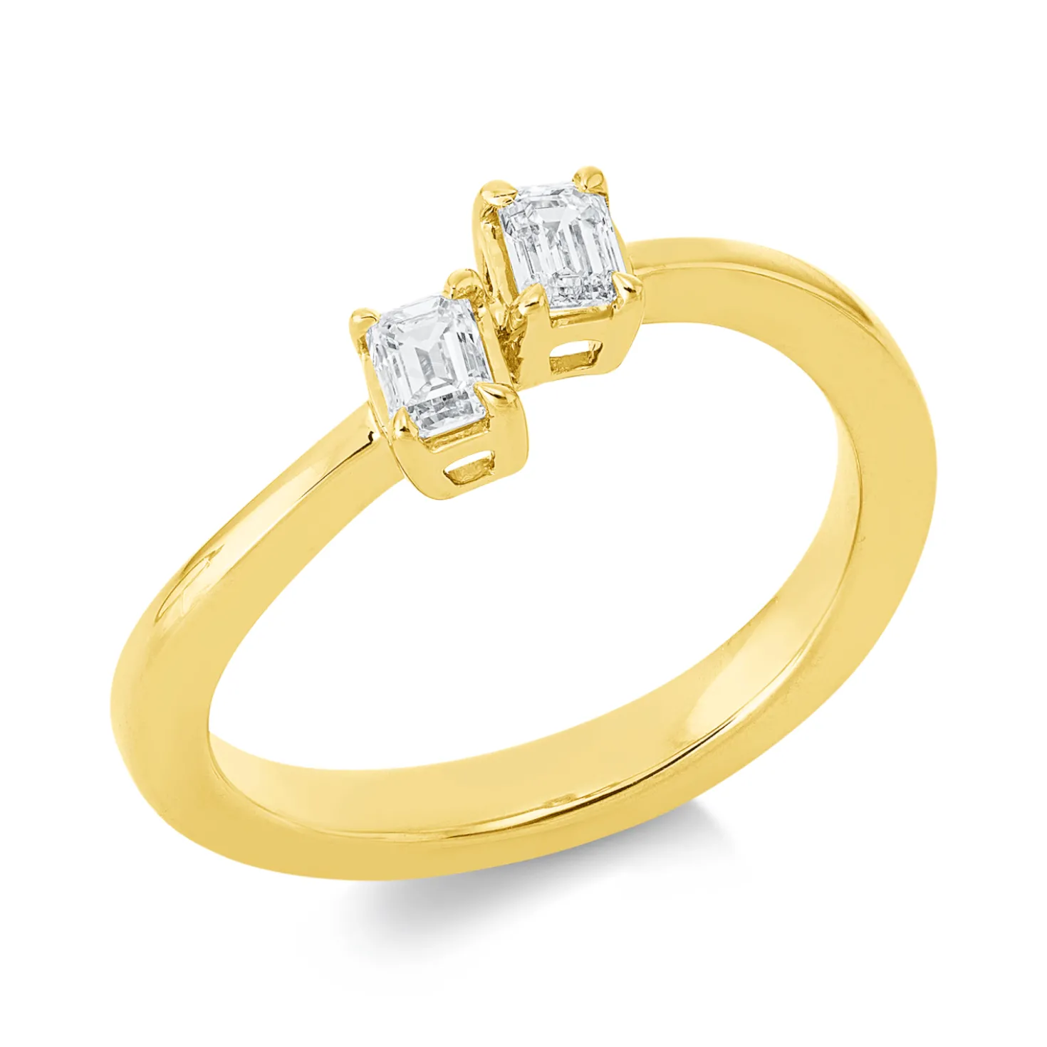 Ring aus 750 Gelbgold 2 Diamanten Smaragd-Schliff 0,36ct TW-SI B:6,3mm 4er-Krappe