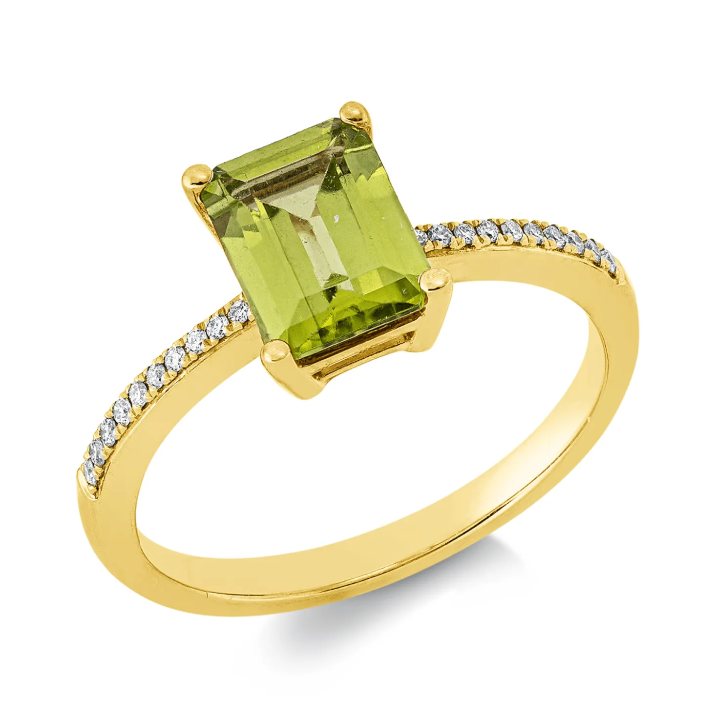 Ring aus 750 Gelbgold Peridot 1,5ct grün 20 Brillanten 0,07ct TW-SI B:8,3mm
