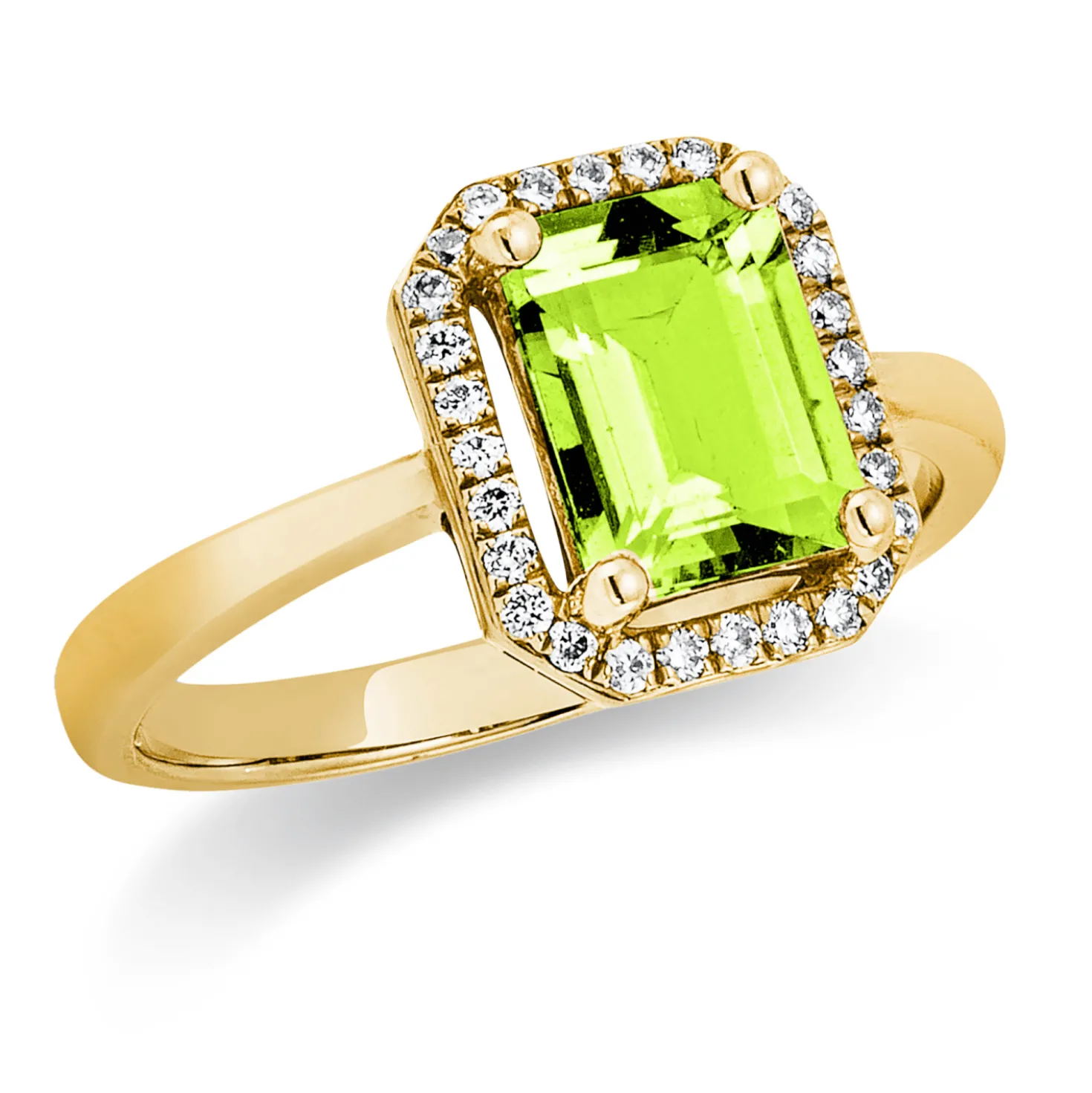 Ring aus 750 Gelbgold Peridot 1,76ct grün 26 Brillanten 0,14ct TW-SI B:11,1mm