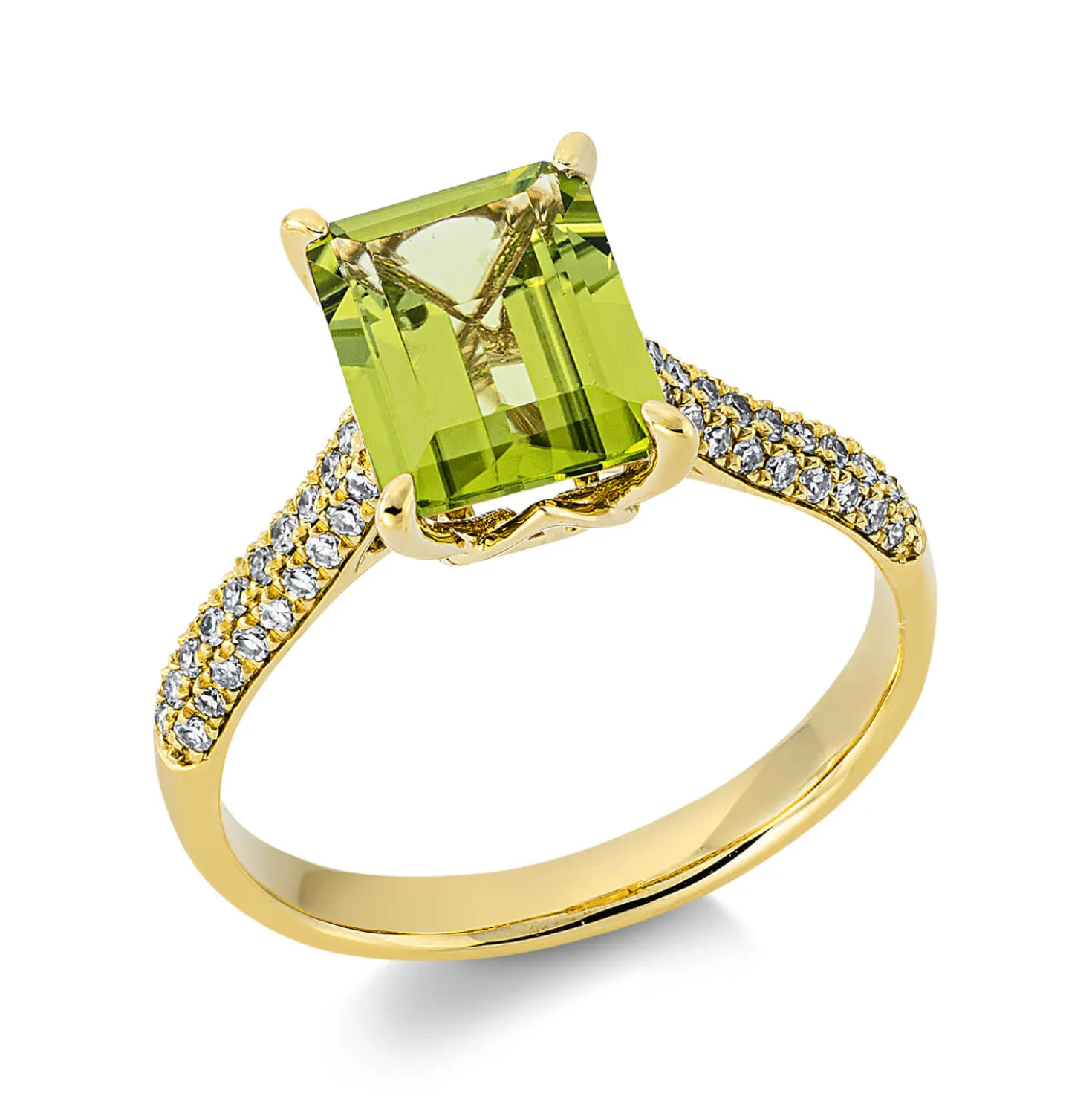 Ring aus 750 Gelbgold Peridot 2,33ct grün 56 Diamanten 0,21ct TW-SI B:7mm