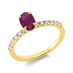 Ring aus 750 Gelbgold Rubin 0,84ct rot 12 Brillanten 0,25ct TW-SI B:4,9mm