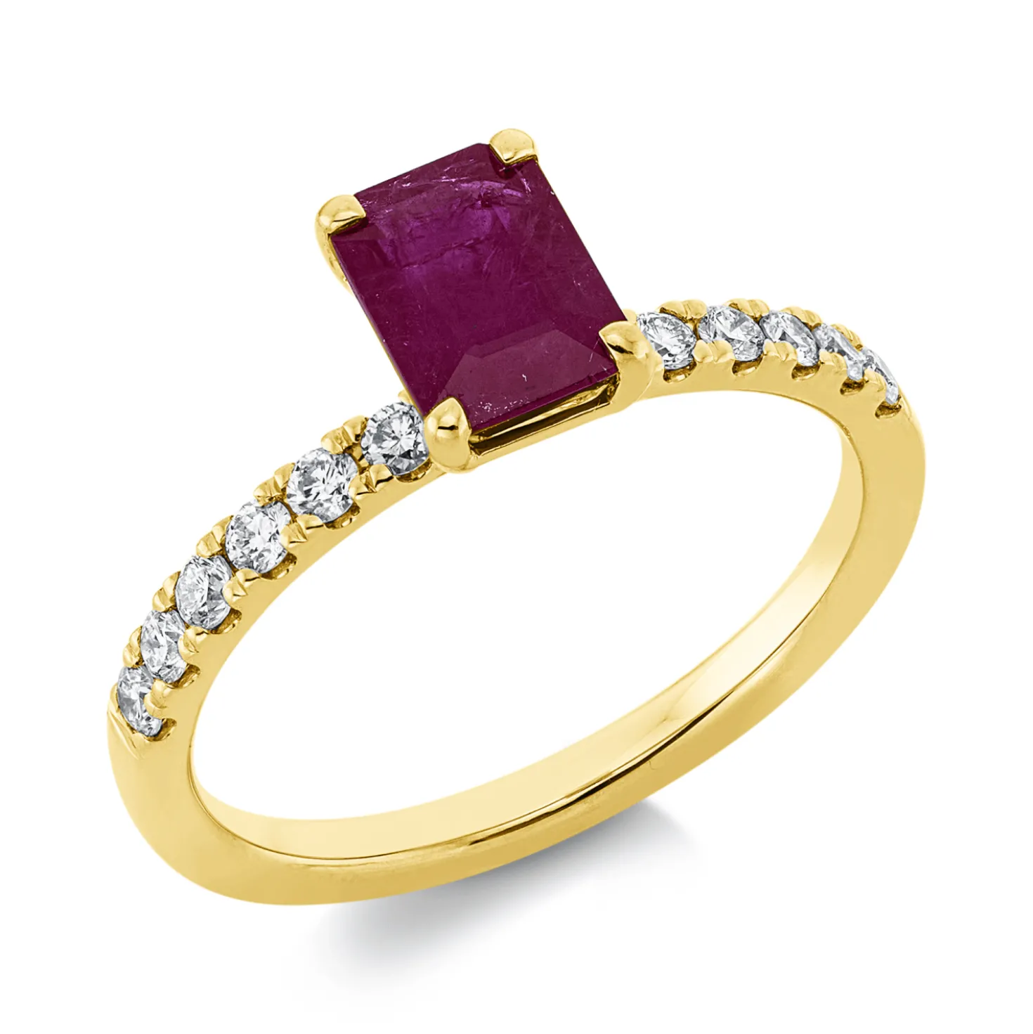 Ring aus 750 Gelbgold Rubin 1,24ct rot 12 Brillanten 0,25ct TW-SI B:7,1mm
