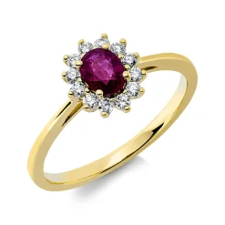 Ring aus 750 Gelbgold Rubin 0,35ct rot 12 Brillanten 0,17ct TW-SI B:8,7mm