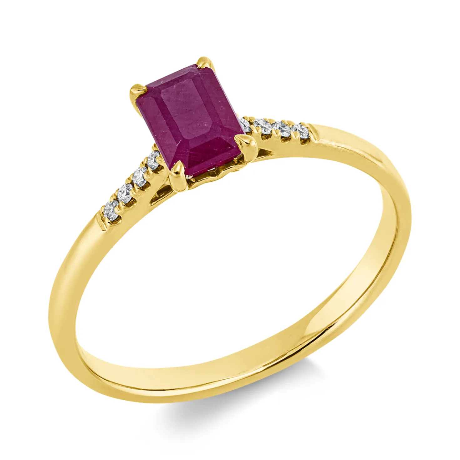 Ring aus 750 Gelbgold Rubin 0,82ct rot 8 Brillanten 0,04ct TW-SI B:6,3mm 4er-Krappe