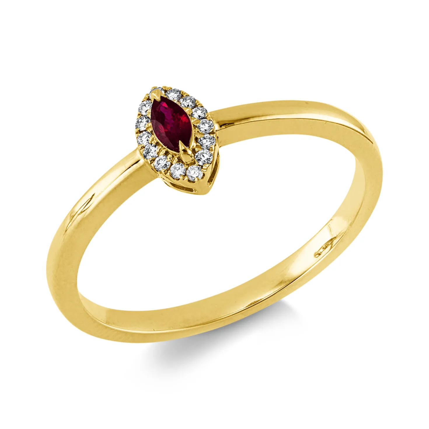 Ring aus 750 Gelbgold Rubin 0,1ct rot 14 Brillanten 0,05ct W-SI B:6,7mm