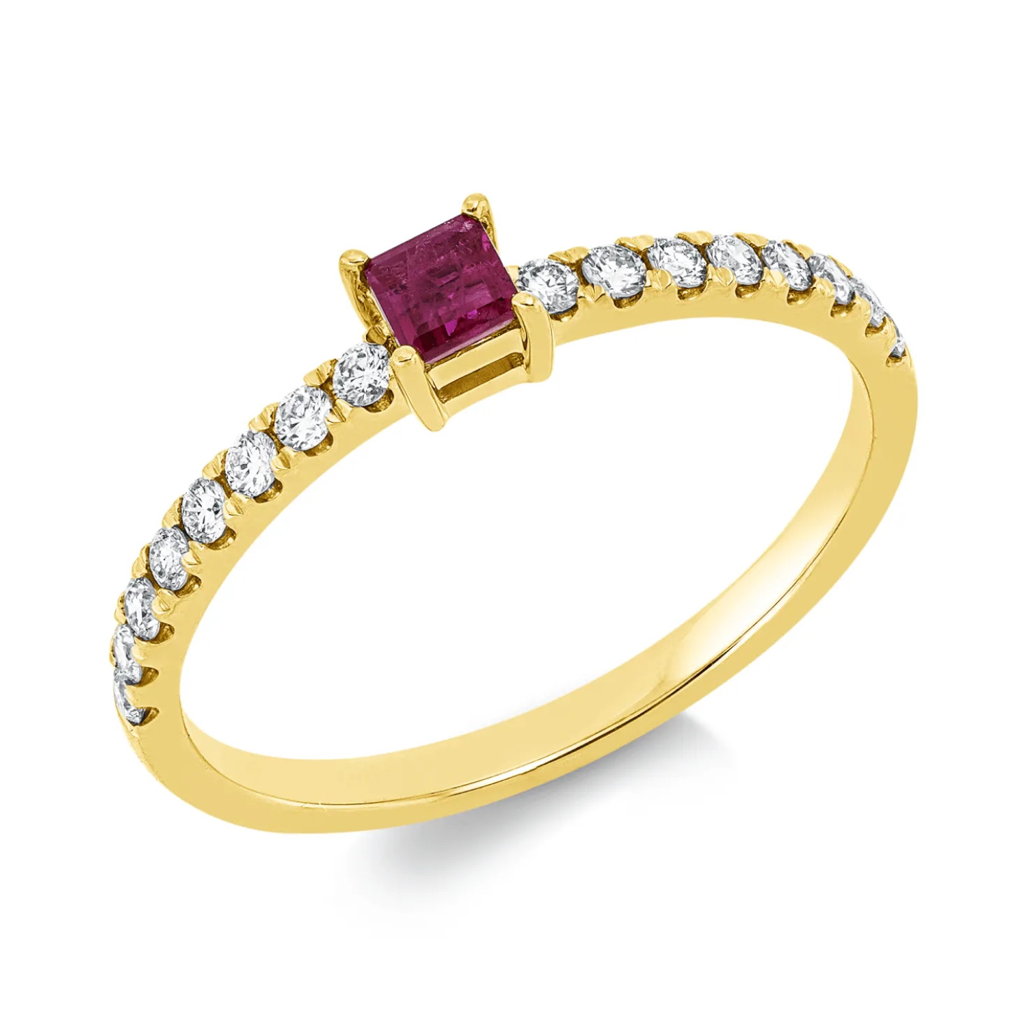 Ring aus 750 Gelbgold Rubin 0,19ct rot 16 Brillanten 0,22ct W-SI B:3,4mm
