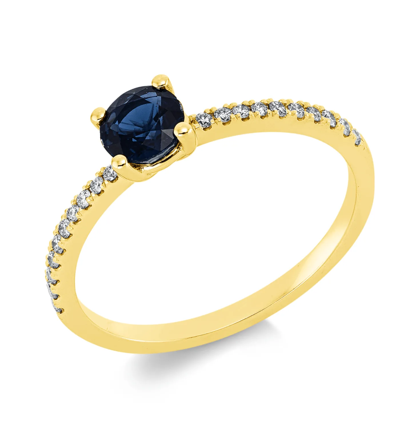 Ring aus 750 Gelbgold Saphir 0,69ct blau 20 Brillanten 0,13ct TW-SI B:5,1mm