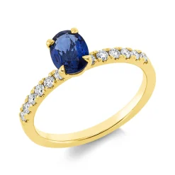 Ring aus 750 Gelbgold Saphir 1ct blau 12 Brillanten 0,25ct TW-SI B:6,9mm 4er-Krappe