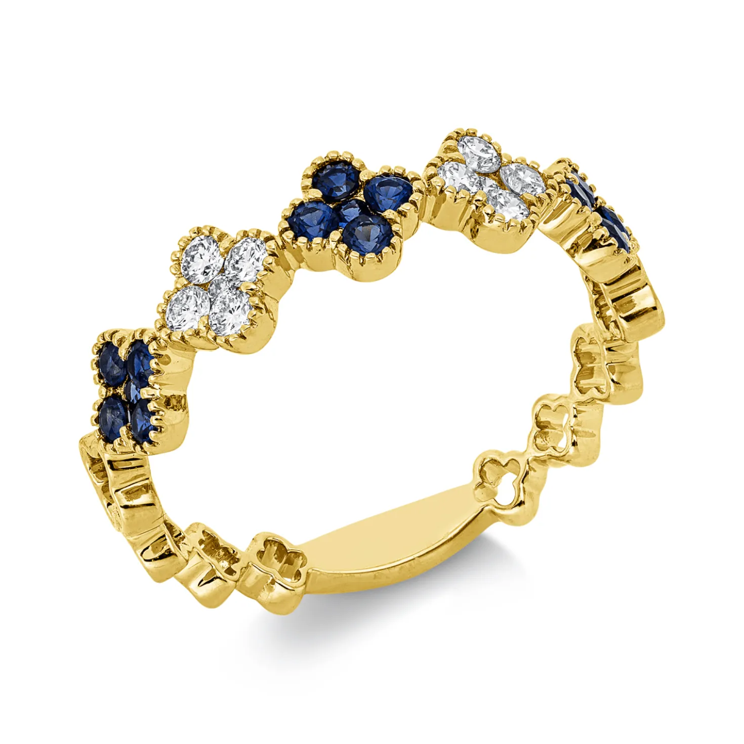 Ring aus 750 Gelbgold 15 Saphire 0,32ct blau 10 Brillanten 0,18ct TW-SI B:4,7mm