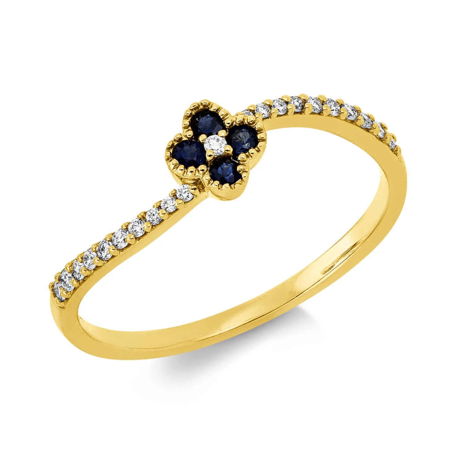 Ring aus 750 Gelbgold 4 Saphire 0,16ct blau 21 Brillanten 0,1ct TW-SI B:5,2mm