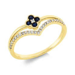 Ring aus 750 Gelbgold 4 Saphire 0,16ct blau 26 Brillanten 0,11ct TW-SI B:7,4mm